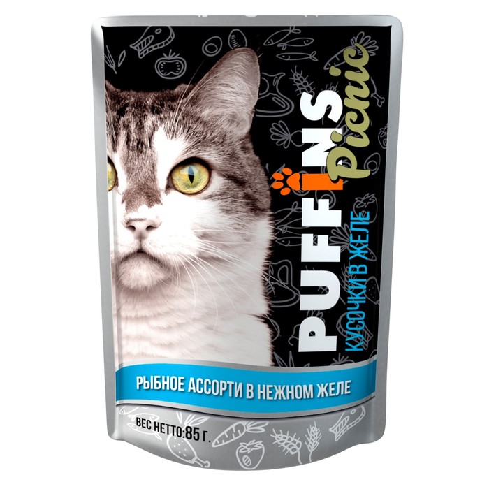 9826147 Влажный корм Puffins picnic для кошек рыбное ассорти в желе 85г