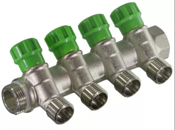 Коллектор с вентилями 4 выхода, 3/4", 135° под евроконус, TIM