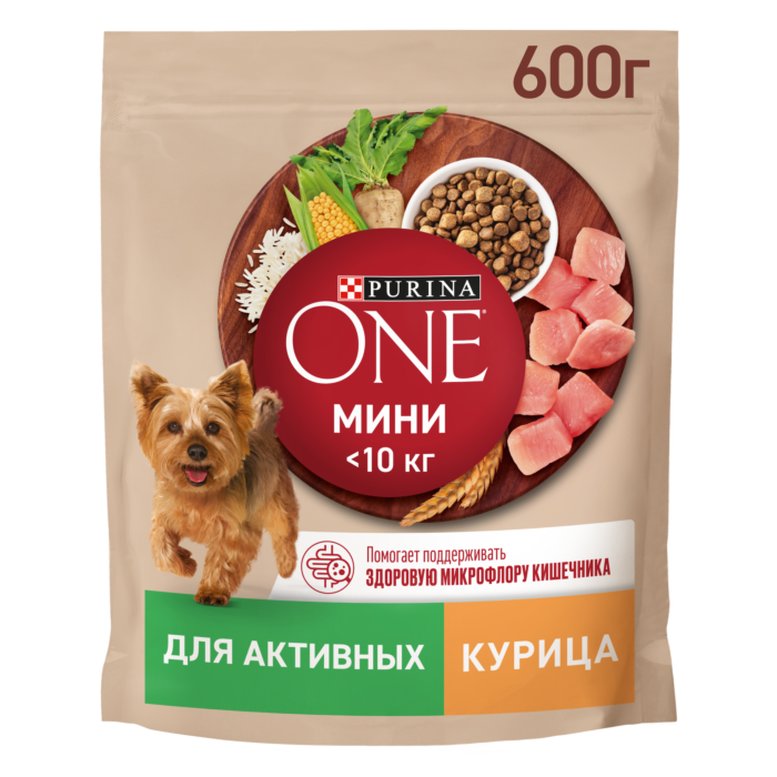 12363240 Корм сухой Purina ONE Мини для активных собак мелких пород с курицей и рисом 600г