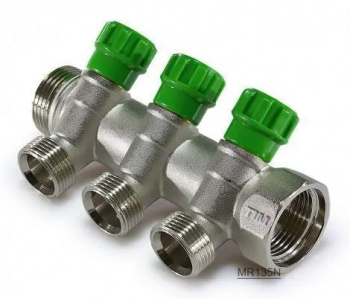 Коллектор с вентилями 3 выхода, 3/4", 135° под евроконус, TIM