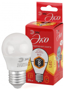 Лампа светодиодная ЭКО  ЭРА LED smd P45-8w-827-E27 ECO