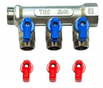 Коллектор 3 выхода 3/4"х1/2" с шаровыми кранами, никель, красн+син ручки, TIM
