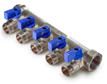 Коллектор 5 выходов 3/4"х1/2" с шаровыми кранами, никель, красн+син ручки, TIM