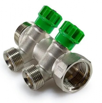 Коллектор с вентилями 2 выхода, 3/4", 135° под евроконус, TIM