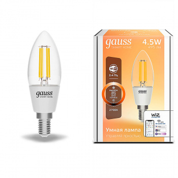 Лампа умная Gauss Smart Home Filament С35 4,5W 495lm 2700К E14, диммируемая