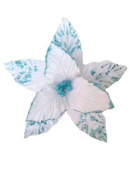 Белый с голубым цветок из полиэстера, на клипсе из черного металла  20x27x27см
