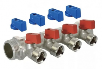 Коллектор 4 выхода 3/4"х1/2" с шаровыми кранами, никель, красн+син ручки, TIM
