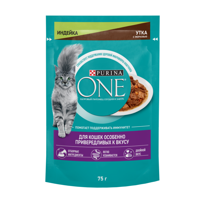 12498003 Влажный корм PURINA ONE для кошек особенно привередливых к вкусу индейка и утка с морковью 75г