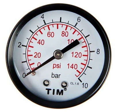 Манометр с задним подключением, D 50 мм, 1/4", 0-10 бар, TIM