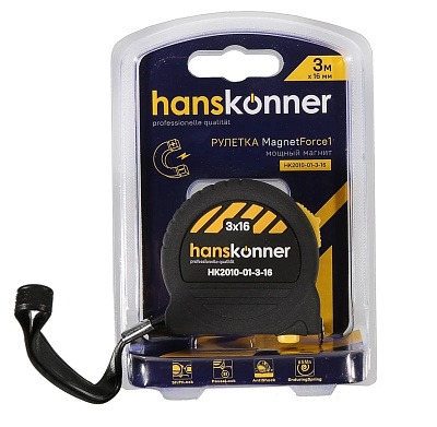 Рулетка 3x16, 2 стопа, противоударный корпус SoftTouch, мощный магнит,Hanskonner