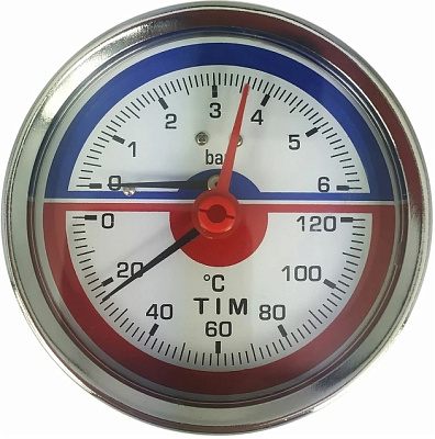 Термоманометр с задним подключением, D 63 мм, 1/2", 6 бар 0-120°C, TIM