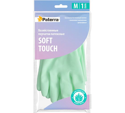 Перчатки латексные SOFT TOUCH с экстрактом алоэ хлопк. напыление, р-р M, PATERRA
