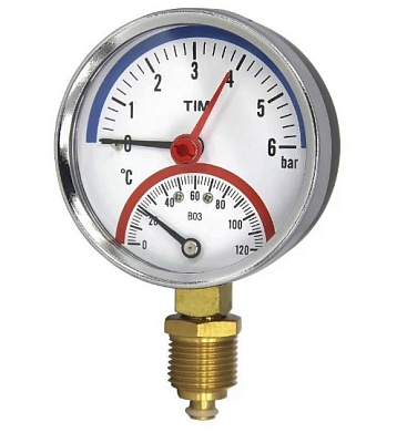 Термоманометр с нижним подключением, D 80 мм, 1/2", 6 бар 0-120°C, TIM