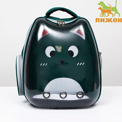 Рюкзак для переноски кошек "Котик" прозрачный 34х25х40см зелёный