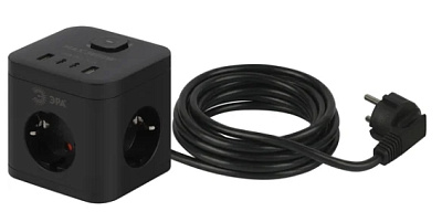 Удлинитель бытовой ЭРА CUBE с заземлением, с выкл, 3 розетки + 4×USB-A + USB-C, 1.5 м, 16 А, чёрный
