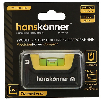 Уровень 65мм, 2 магнита, клипса, фрезерованный, hanskonner