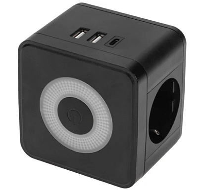 Двойник электрический Куб 16А с заземл + 2хUSB-A 2,4А + USB Type-C 3А с ночной подсветкой, черный