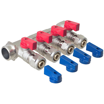 Коллектор 4 выхода 3/4"x16 с шаровыми кранами для м/п труб, AQUALINK