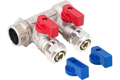 Коллектор 2 выхода 3/4"x16 с шаровыми кранами для м/п труб, AQUALINK