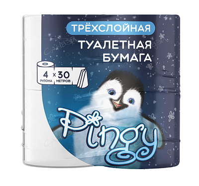 Бумага туалет Pingy 3-х сл. 4шт на втулке 30м белая