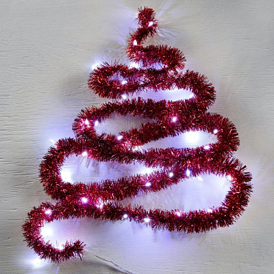 НИТЬ Мишура Красная 2 м, d=3 см, 44 LED, 8 слоев, от батареек ААх2 (не в компл.), БЕЛЫЙ   