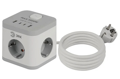 Удлинитель бытовой ЭРА CUBE с заземлением, с выкл, 3 розетки + 4×USB-A + USB-C, 1.5 м, 16 А, белый