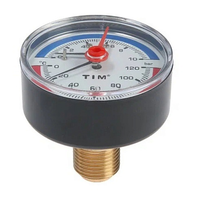 Термоманометр с задним подключением, D 63 мм, 1/2", 10 бар 0-120°C, TIM