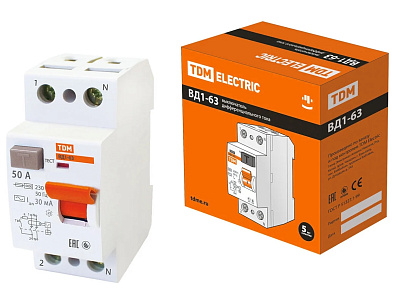 Выключатель дифференциальный УЗО TDM ELECTRIC ВД1-63 2Р 50А 30мА