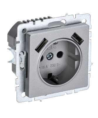 BR-R14-16-U21-D31-K47 Brite алюминий Розетка СП 1м+2USB с заземлением шторки 16А IEK