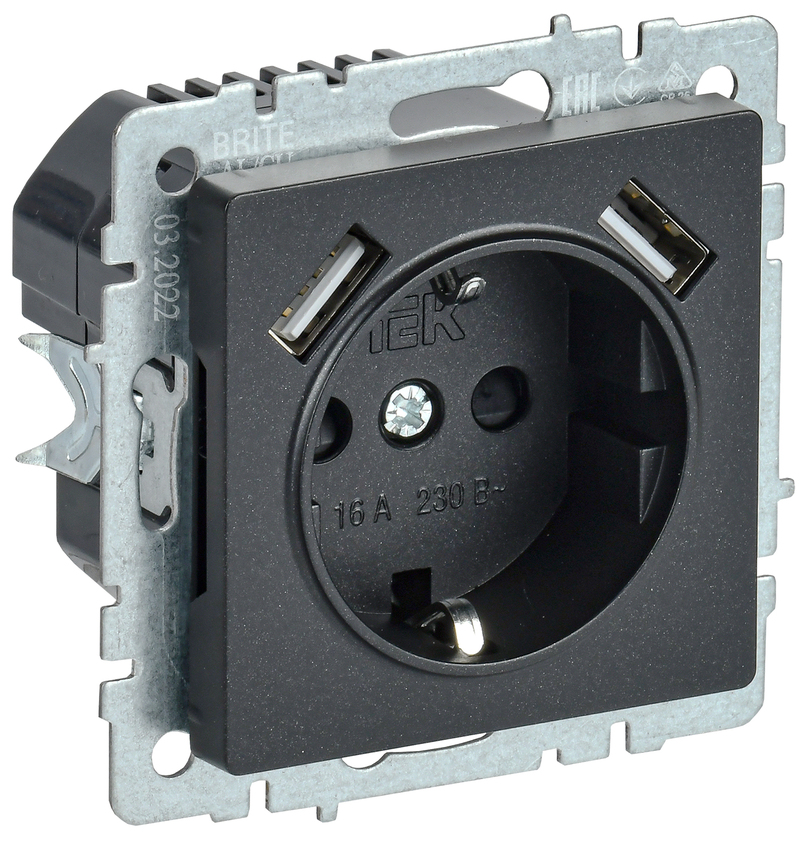 BR-R14-16-U21-D21-K02 Brite черный Розетка СП 1м+2USB с заземлением шторки 16А IEK