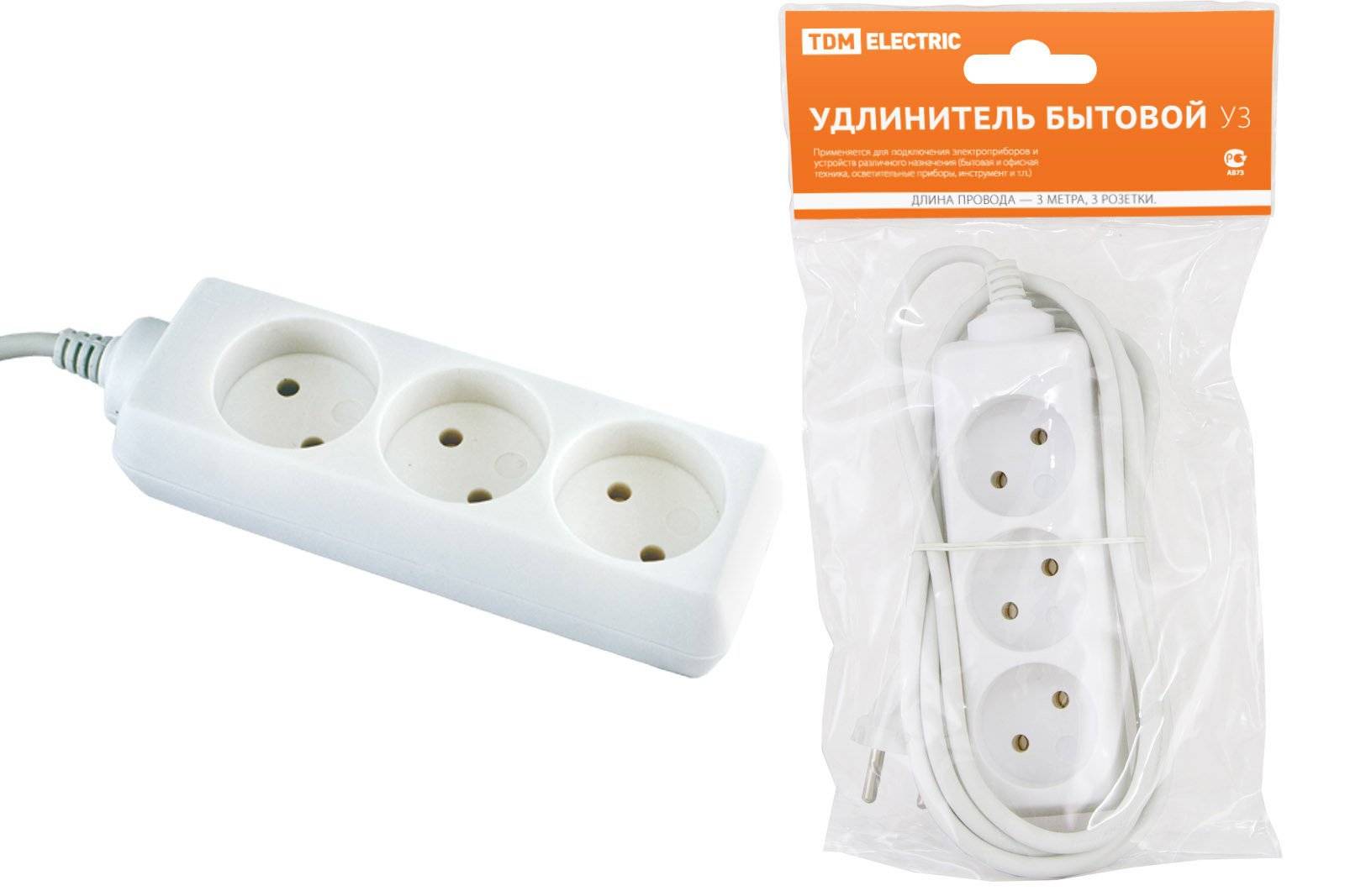 SQ1303-0201 Удлинитель бытовой TDM 3м 3гн У3 без заземления, ПВС 2х0,75 мм2  10А-250В