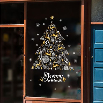 Наклейка пластик интерьерная "Ёлочка с золотыми оленями" 60х90 см   