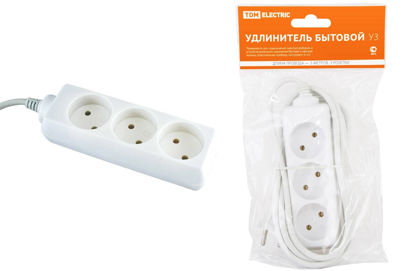 SQ1303-0202 Удлинитель бытовой TDM 5м 3гн У3 без заземления, ПВС 2х0,75мм2  10А-250В