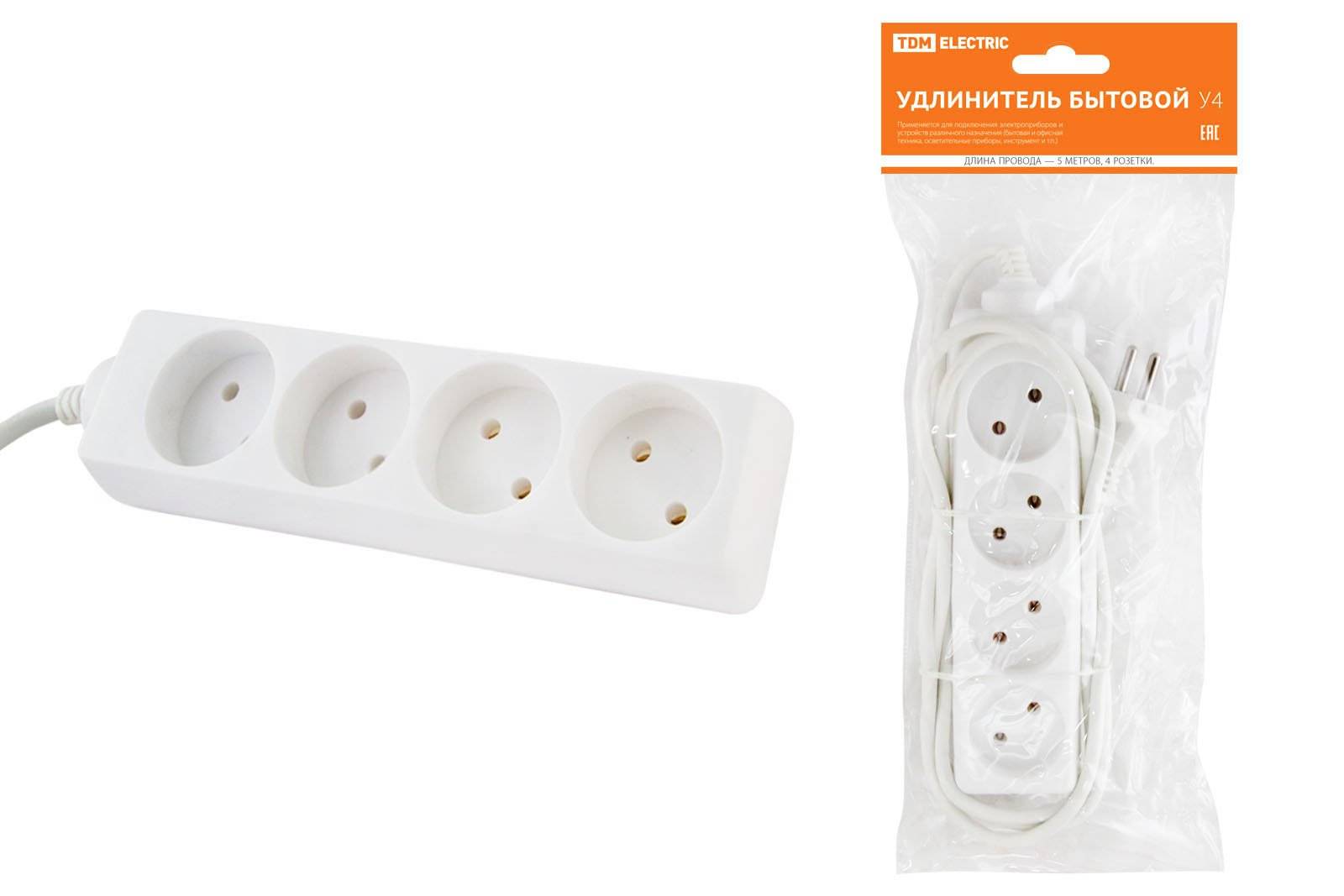 SQ1303-0212 Удлинитель бытовой TDM 5м 4гн У4 без заземления, ПВС 2х0,75мм2  10А-250В