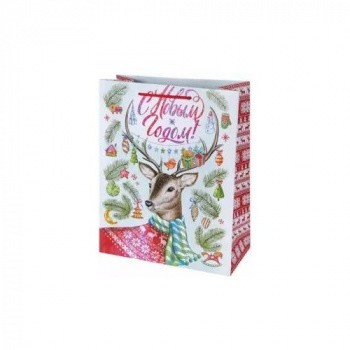 Пакет бумажный Олень в свитере для сувенирной продукции, плотность157 г/м2 / 40.6х48.9х19см