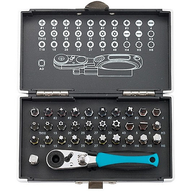Набор бит GROSS, 33пр, трещетка 1/4", пластиковый кейс, сталь S2