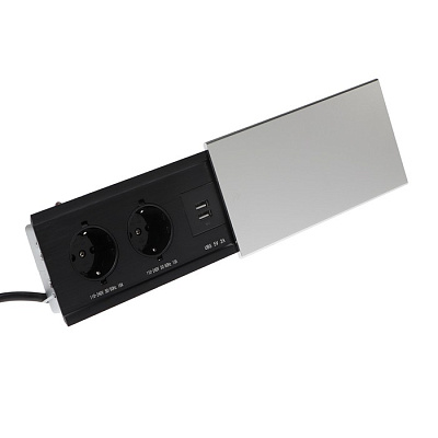 Розетка выдвижная Luazon в стол, 10А, двухместный, 2хUSB, 2А, серебро