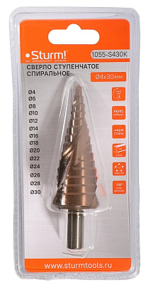 Сверло ступенчатое по металлу 4-30мм шаг 2мм Р6М5+COBALT спираль Sturm!