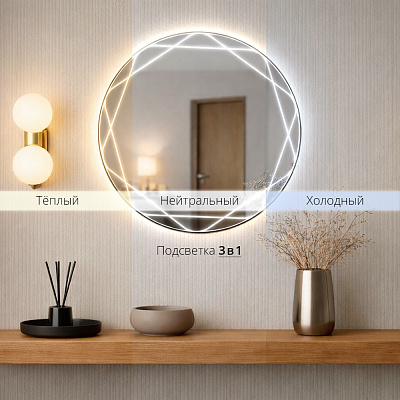 Зеркало с LED-подсветкой сенсорное 3 в 1, круглое с гравировкой Мансарда, d=60 см
