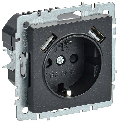 Brite черный Розетка СП 1м+2USB с заземлением шторки 16А IEK
