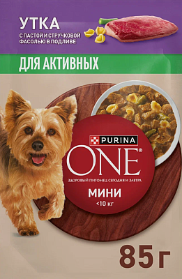 Влажный корм Purina ONE МИНИ для активных собак Утка Паст Зел/Фас 85г
