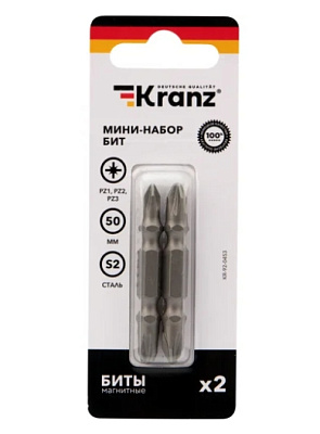 Мини-набор бит двусторонних PZ2xPZ2, PZ1xPZ3-50 мм (2 биты на блистере) Kranz