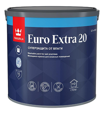 Краска влагостойкая Tikkurila Euro Extra 20 полуматовая база А белая 2,7л