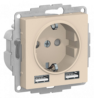 AtlasDesign бежевый Розетка СП 1м+2USB 16А механизм SchE