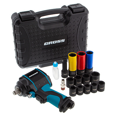 Пневмогайковёрт  610Нм, G985K2, 1/2", 9000об/мин, с набором 17 предм., ударный, GROSS