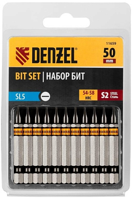 Набор бит SL5,0х50, сталь S2, шестигранный профиль, 10шт.// Denzel