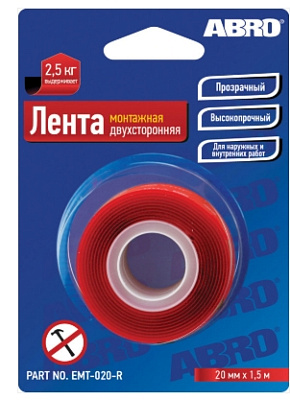 Лента двухсторонняя монтажная прозрачная (20 мм х 1,51 м) ABRO MASTERS