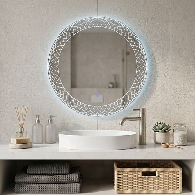 Зеркало с LED- подсветкой сенсорное, круглое с гравировкой Мансарда, d=60 см, глянцевый