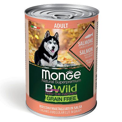 Корм Monge Dog BWild GRAIN FREE для взрослых собак, беззерновой, из лосося с тыквой и кабачками 400г