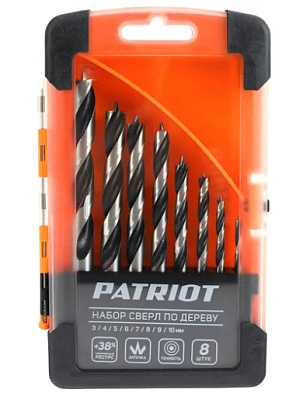 Набор сверл по дереву  PATRIOT спиральные, W-образная заточка,  8 шт: 3, 4, 5, 6, 7, 8, 9, 10мм